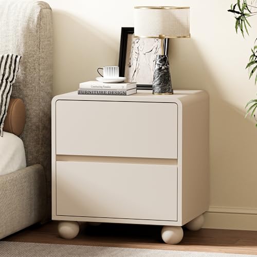 Image of Furniway Beige Nightstand Set of 2, Modern 2 Drawer Bedside Table with Curved Profile Design and Handle-Free Drawers, Modern End Table with Storage for Bedroom