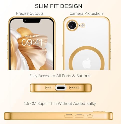 Image of VONZEE Electroplating Transparent Clear Logo Back Cover TPU Compatible with iPhone 17e / iPhone 16e Case, Compatible with Magsafe, Full Body &Camera Protection for Each Lens for Men & Women (Gold)