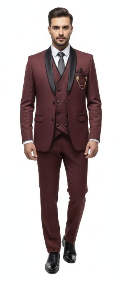 MEHROON Solid Three Piece Coat Pant for Men