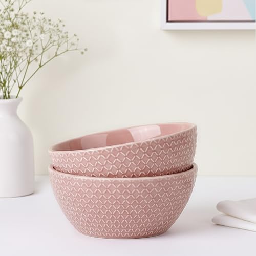Image of The Earth Store Pink Embossed Ceramic Bowl Set of 2 - 500ML Each | Ceramic Mixing Bowls for Snacks, More | Rice, Dal, Fruits, Salad | Microwave Safe Bowl Set | Perfect for Gifting & Daily Use