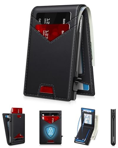 Image of Wallet for Men Wallet with Slim Pop Up Card Holder for 12-14 Cards, RFID Blocking Bifold Minimalist Smart Wallet, Credit Card Holder with ID Window & Cash Slot, Compact Metal Card Case, Gifts for Men
