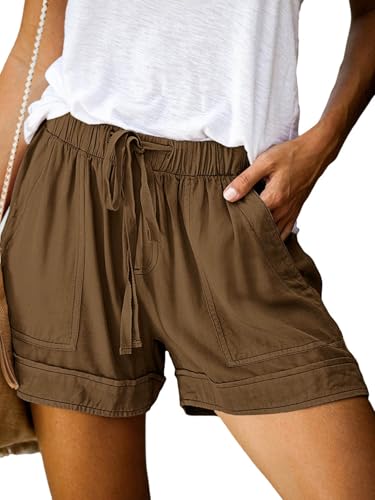 comefohome Shorts Womens UK Summer Drawstring Cotton Elastic High Waist Solid Color Casual Ladies Shorts with Pockets HS Coffee M