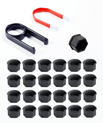 Flaconi 24PCS Tapones Tornillos Ruedas Coche,Cubiertas hexagonales para Tuercas de Neumáticos con Extractor,para la Mayoría de los Tornillos o Tuercas de Bicicleta Hexágono de 17 mm (Negro)