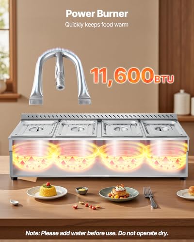 Image of VEVOR 4-Pan Commercial Propane Steam Table, LP Gas Outdoor Soup Warmer with Drain Valve, Stainless Steel Propane Food Warmer with Adjustable Temperature, for Restaurant Party Outdoor Camping