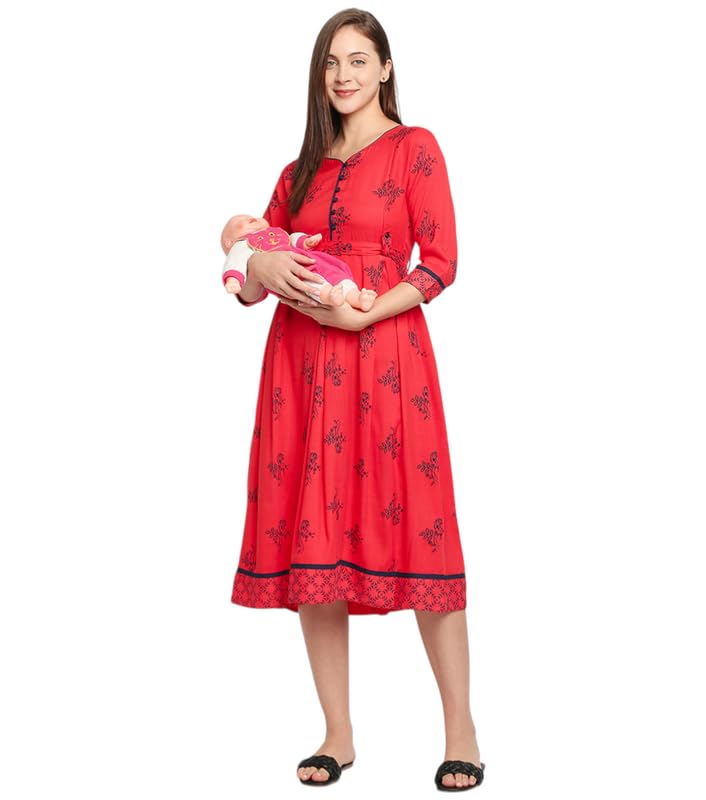 Image of DUMMY SHAPE Feeding Kurtis for Women Cotton Rayon | Printed Pregnancy Flare Kurta with Nursing Zippers to Pre & Post Partum | Maternity Dresses | Gifts for Pregnant Woman