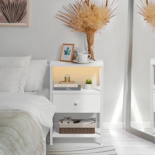BOLUO White Nightstand with Charging Station, LED Night Stand with Fabric Drawers and Shelf, Bedside Table with USB Ports and Outlets, Bedroom Nightstand Modern by BOLUO - Used condition - Image 6