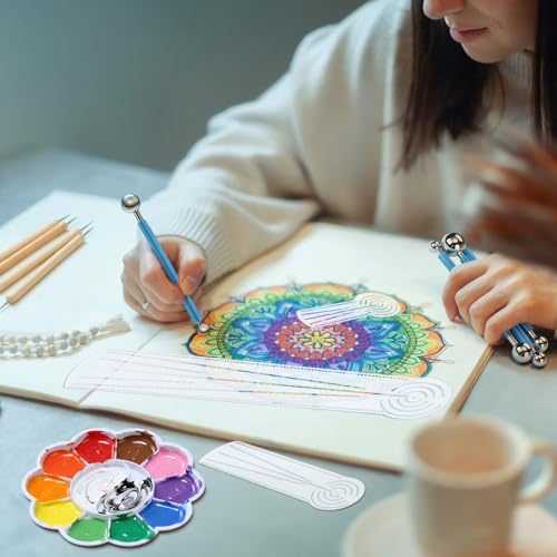 FunooFuno 17 Pcs Mandala Dot Painting Tool Kit 3-in-1 Mandala Ruler with Holes 3 Thumb Tacks 10 Ball Stylus Flower Paint Palette for DIY Rock Painting Clay Modeling Drawing and Drafting by FunooFuno - Used condition - Image 7