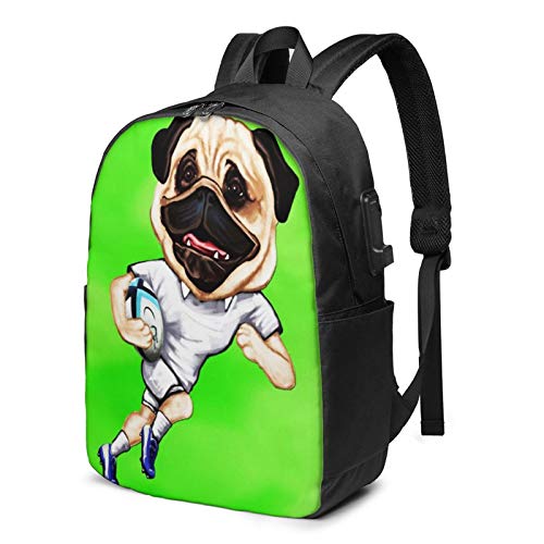 Mochila Portatil 17 Pulgadas Hombre Mujer con Puerto USB  Inglaterra Rugby Pug con Bola