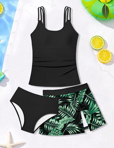 Image of Girls Swimsuit Tropical 3 Piece Tankini Adjustable Strap Bathing Suit Solid Modest Swimwear with Drastring Skirt 9-16y