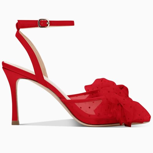 Image of Coutgo Womens Bow Tie Heels Sandals Slingback Peep Toe Wedding Heels Mesh High Stiletto Heel Summer Cute Wedding Bridal Shoes