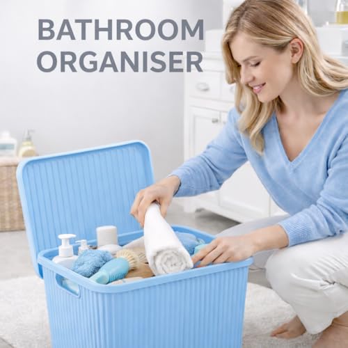Image of Plastic Storage Box with Lid - Large Stackable Organizer Storage Box for Clothes, Toys, Kitchen - Big Size Plastic Storage Container Basket for Home, Office, Bathroom(Large,Pack of 3,Blue)