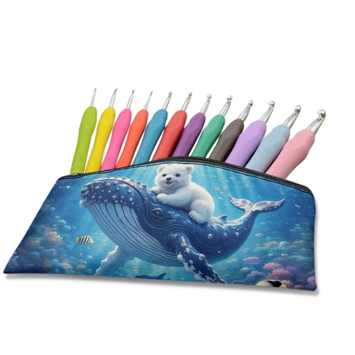 Image of Whale Polar Bear Pencil Case Blue Ocean Pencil Pouch with Zipper Lightweight Pen Organizer for Toddlers Girls Crayon Pouch for Painting Lesson