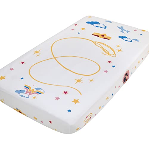 Image of Warner Brothers Wonder Woman White and Gold Star-Tiara, Lasso of Truth, and The Invisible Jet Photo Op Nursery Fitted Crib Sheet