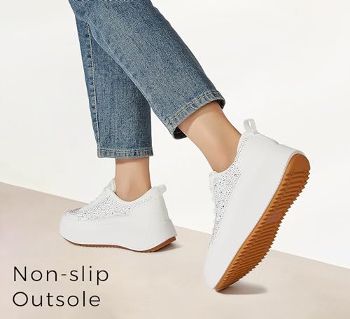 لاكي ستيب حذاء رياضي بكعب سميك للنساء مزين باحجار الراين بتصميم عصري كاجوال لامع ومضفر (ابيض Rh، 41EU-10US)