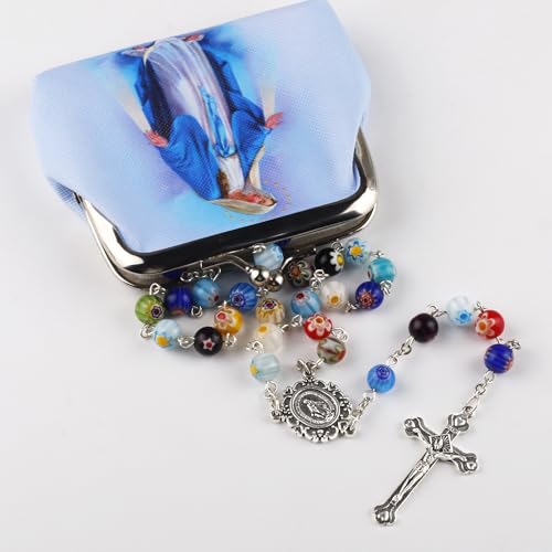Multicolor Murano Glass Beads Catholic Rosary Necklace with Virgin Mary PU Leather Bag2