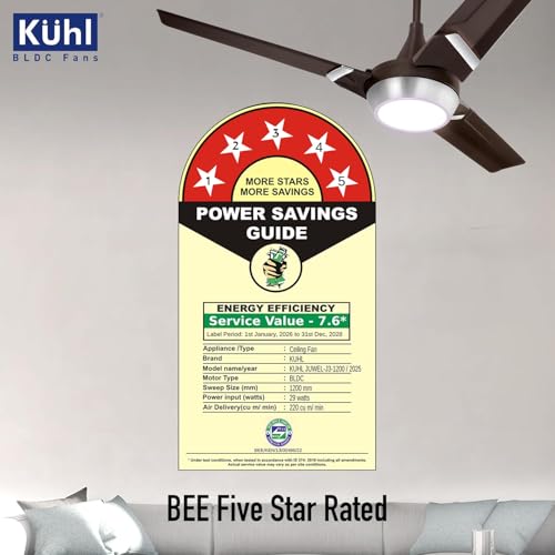 Image of KUHL Juwel J3 1200 mm 65% Power Saving BLDC Ceiling Fan | BEE 5 Star Rated & ISI Marked | High Air Flow | 5 Year Warranty on Motor | Espresso