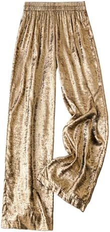 WDIRARA Women's Plus Size Metallic Elastic High Waist Straight Leg Casual Long Pants Trousers Gold 0XL