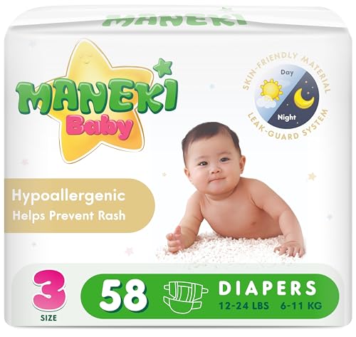 MANEKI Baby Diapers Size 3 (12–24 lbs), 58 Count, Super-Soft, Ultra-Thin & Highly Absorbent, Hypoallergenic, Fragrance-Free for Sensitive Skin, Breathable, Day & Night Leak Protection (Pack May Vary)