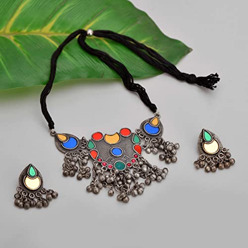 Zephyrr Elegant Silver Choker Necklace Set With Mirror Work And Ghungroos For Women & Girls (Jan-2473) #TOP4