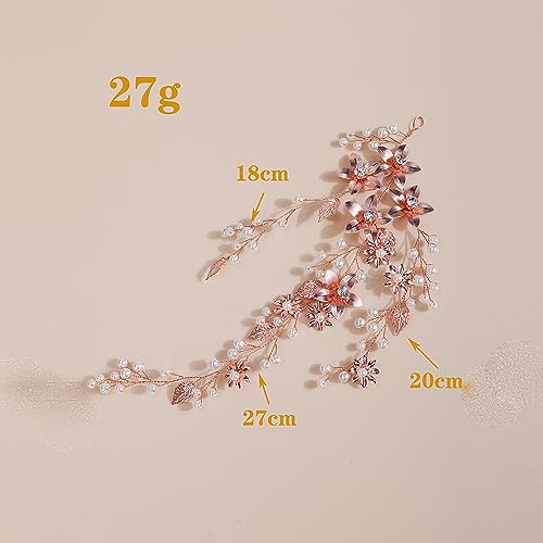 Pearls Crystal Rhinestone Headband Rose Gold Leaf Flowers Bride Hair Vine Women Girls Rose Gold Wedding Hair Accessories Rose Gold Bride Headbnad for Wedding Women and Girls - Image 2
