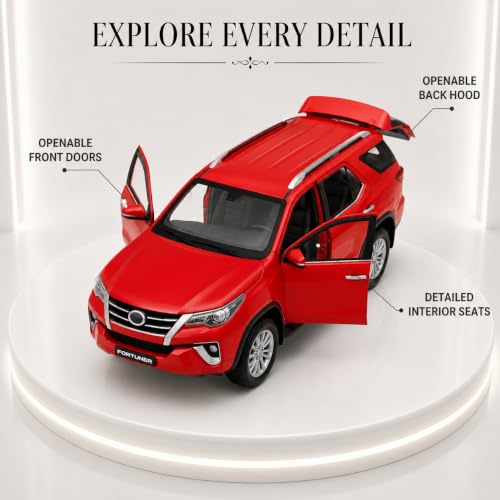 Image of 1:32 Scale Fortuner Die Cast Metal Pull Back Toy Car with Openable Doors Lights and Sound Realistic SUV Model 4x4 Miniature Collectible Vehicle for Kids Boys Girls Gift Toy Durable Red Fortuner Car