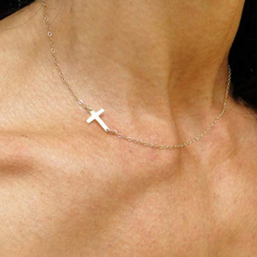 TseenYi Collar con colgante de cruz, cadena de oro y cruz horizontal, collar de cadena corta, collar religioso, joyería para mujeres y niñas (oro)