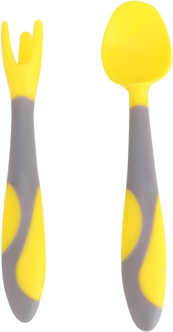 Training Tableware Bendable Non-slip Easy Grip Fork and Curved Spoon for High Temperature Resistant Utensils in Lemon Yellow
