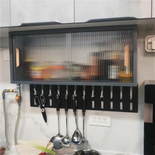 Wall-Mounted Kitchen Storage Cabinet - 70cm Black Acrylic Door Sideboard with Pegboard & Shelf, Space-Saving Organizer for Dining Room & Kitchen