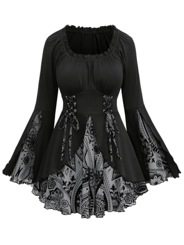 Rosegal Womens Plus Size Flocking Floral Figure Print Lace Up Ruched Ruffles Long Bell Sleeves Flowy 2 in 1 Top