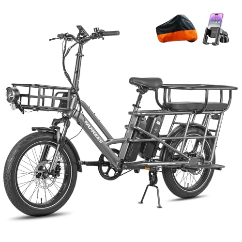 Fafrees Longtail E-Bike 20 * 3.0 Zoll, E-Lastenrad 250W 25km/h, ebike Damen 12Ah*2 Akku, E-Fahrrad 75N.m Reichweite 100-140km, Tragkraft 200kg (Vorderkorb + Kindersitz, Grau)