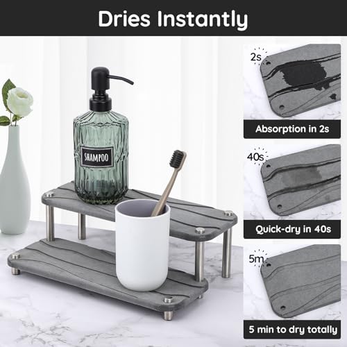 Image of Segbeauty 2 Tier Fast Drying Diatomaceous Earth Tray, 11x4.3in Water Absorbing Stone Drying Vanity Tray for Countertop, Bathroom Counter Rack Kitchen Sink Organizer Dish Soap Sponge Holder Dark Gray
