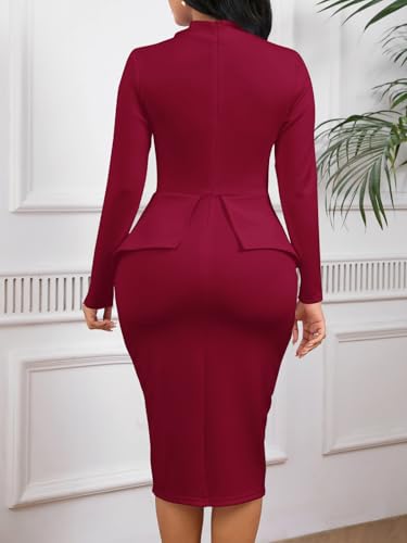 Image of WanMem Women Formal Bodycon Peplum Cocktail Dress Short Sleeve Bow Ruffle Pencil Party Midi Dresses