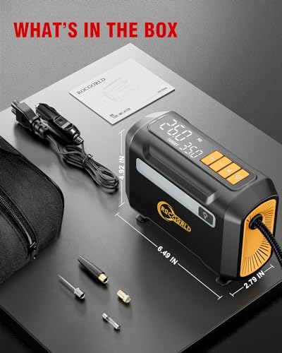 Image of ROCGORLD R8 Tire Inflator Portable Air Compressor, DC 12V Portable Air Compressor with Large Dual Digital Screen, 3X Faster Inflation Portable Air Pump for Car Tires, Bike, Motor - Car Accessories