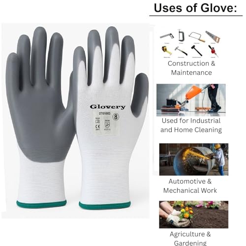 Image of Nylon Safety Work Gloves with Nitrile Coating - Industrial-Grade Protection for Cleaning, Warehouse, Mechanics, Construction - Durable, Flexible, Non-Slip Grip (White & Grey, 20 Pair)