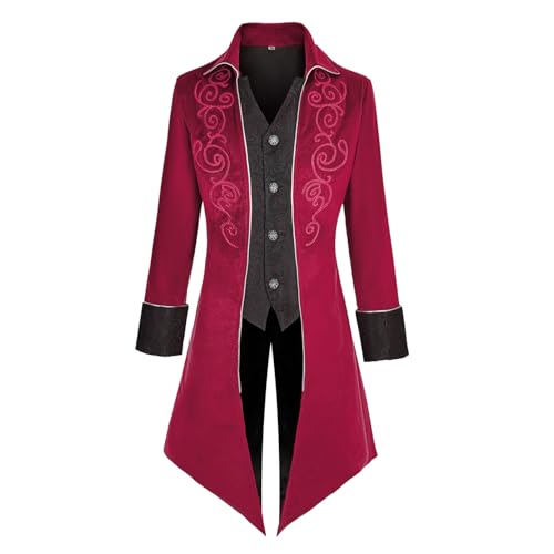 Mens Medieval Steampunk Tailcoat Jacket Victorian Pirate Coat Renaissance Tailcoat Jacket Costume(S Red)
