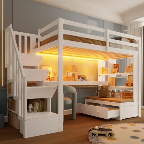 Merax 90x200 Hochbett mit Schreibtisch, Regalen & Stauraumtreppe, Weiß – Kinderhochbett mit LED-Beleuchtung, 2 Schubladen, Multifunktionales Design für Kinderzimmer