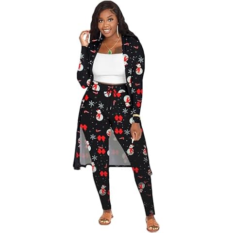 OCEANLUX Christmas Pajamas Set For Women 3 Piece Outfits Sweatsuit Lounge Set Long Sleeve Cardigan Sleeveless Top Pants Sets Cover
