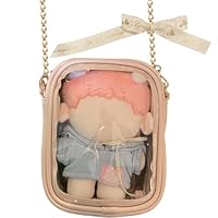 YUYAKESHI バッグ 痛バ 見せバッグ ショルダーチェーン PU 10-15cm ぬいぐるみ用 外出 片面透明 ぬいポーチ 人形入れ キーホルダー付き 推し活 16cm高（ピンク）