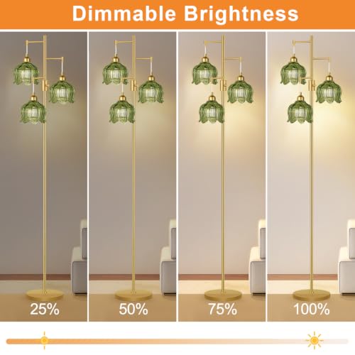 Image of Vintage Floor Lamps for Living Room 3 Light Glass Floor Lamp with 3 Color Temperatures, Dimmable Green Floor Lamp Gold Mid Century Modern Standing Lamp Tall Tree Flower Floor Lamp for Bedroom Corner