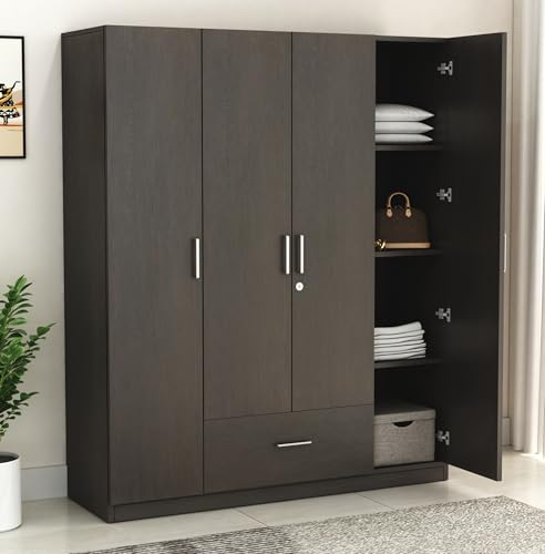 Image of DesignFit Engineered Wood 4-Door Wardrobe for Bedroom | Wooden Almirah with 1 Hanging Rod, 2 Drawers & 8 Shelves | Clothes Cupboard Storage Cabinet Furniture (Wenge Finish)