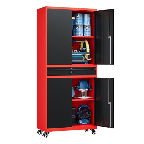 Image of Yizosh Metal Garage Storage Cabinet with Locking Doors and Adjustable Shelves,- 73 inch Rolling Tool Storage Cabinet with 4 Wheels and 1 Drawer for Garage,Warehouse (Red Black)