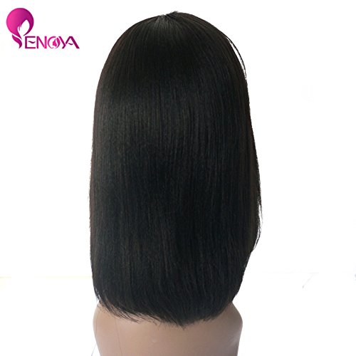 Enoya Human Hair Bob Wigs with Bangs Brazilian Yaki Machine Made Glueless Short Wigs (12" Color#1b)