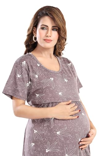 Image of Fabme Women's Full Length Printed Pre and Post Pregnancy Pure Cotton Nursing Nightdress Nighty