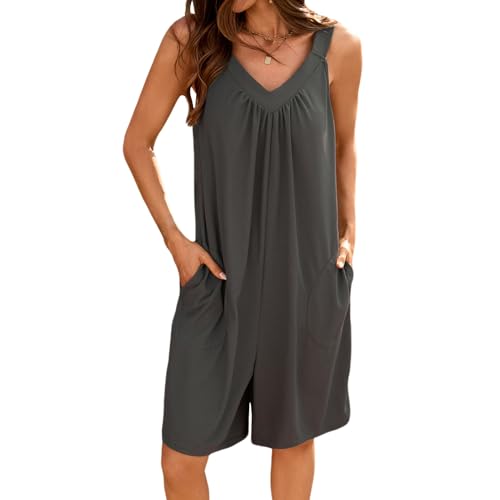 KEOYA Sleeveless Jumpsuits Overalls with Pockets Summer Trendy Outfits Women's Casual Loose Romper Grey XX-Large