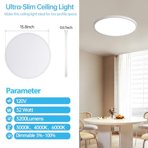 Stkzenod 4PK 15.8 Inch Dimmable Flush Mount LED Ceiling Light Fixture, 32W,3200LM,3000K/4000K/6000K CCT Selectable,0.67 inch Super Slim LED Ceiling Light for Bedroom,Hallway,Kitchen by Stkzenod - Used condition - Image 4