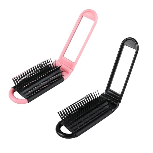 2 Pcs Folding Hair Brush,Travel Hair Brush with Mirror,Folding hair brush Wet Hairbrush,with Mirror and Round Tip Bristles,for Trip,Purse,Swimming,Gym(Black,Pink)