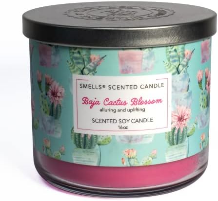 Smells - Premium Soy Wax Round Jar Scented Candle 16oz. - 100% Cotton 3-Wicks - Fragrance That Eliminates Home and Office Odors: Food, Pets, Smoke and Others (1-Pack, Baja Cactus Blossom)