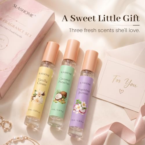 Image of slashome Hair Perfume Set for Women, 3x10mL Alcohol-Free Hair & Body Mist | Vanilla Cream, Coconut Pistachio & Dragonfruit Jasmine, Travel-Size Fragrance for Wigs, Fabric & Pillows, Gift for Her