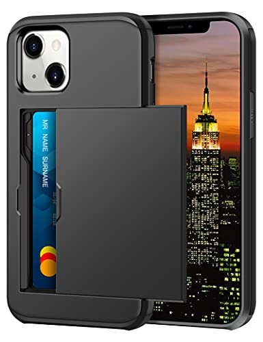Coolden for iPhone 13 Case with Card Holder Armor Shockproof Heavy Duty Protective Case Hard PC Back Soft TPU Bumper Card Slot Wallet Case Cover for iPhone 13 Phone Case (Black)