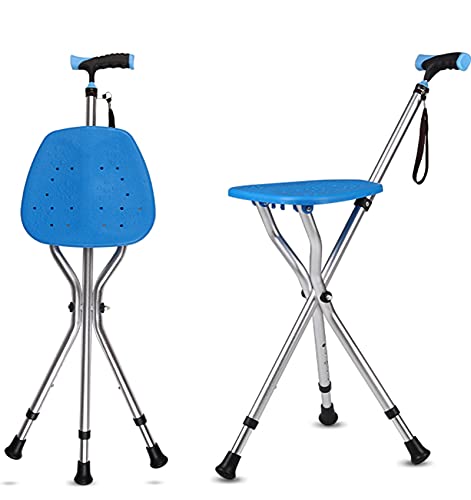 HYHMJ-Ancianas Silla De Bastón con Luces LED Y Correa De Muñeca Unisexo Combo De Asiento De Bastón Telescópico Aleación De Aluminio Varilla De Soporte Multiusos Senderismo Palo,Azul
